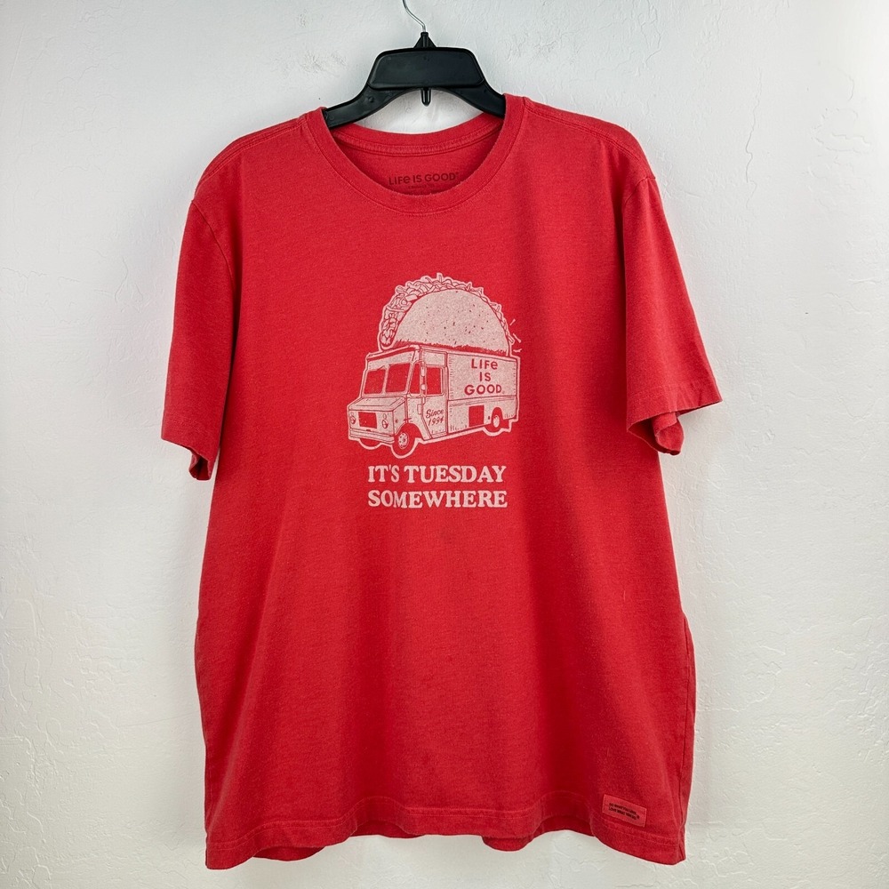Life Is Good Crusher T-Shirt Mens L Red Taco It's‎ Tuesday Somewhere Food Truck